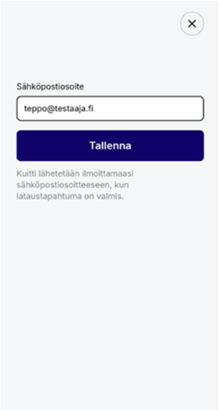 Sovellusnäkymä: Kuitin lähettäminen sähköpostiin.