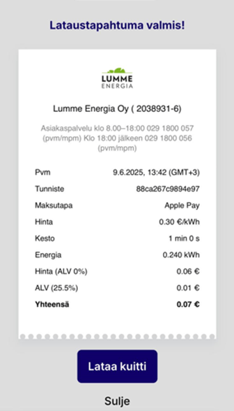 Sovellusnäkymä: Lataus valmis ja kuitti.