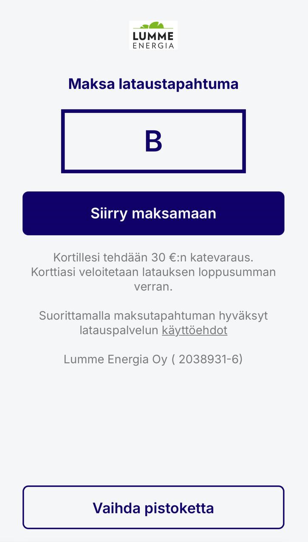 Sovellusnäkymä: Maksa lataustapahtuma.