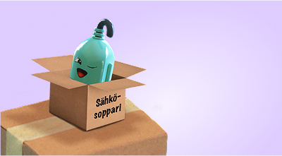 Sähköjohdon töpselipään näköinen Lumme Energian maskotti kurkkaa pahvilaatikosta silmää iskien. Laatikon kylkeen on kirjoitettu "sähkösoppari".