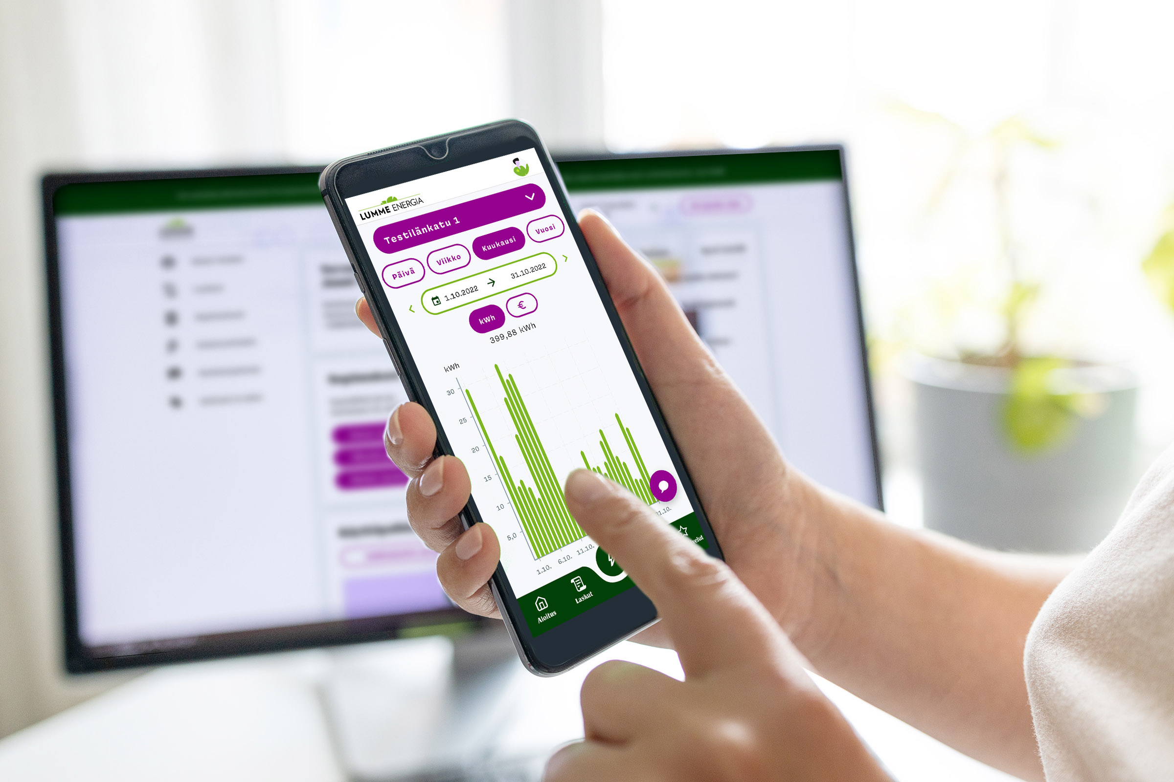OmaLumme-palvelu sähkönkulutuksen seuranta mobiilisovelluksessa