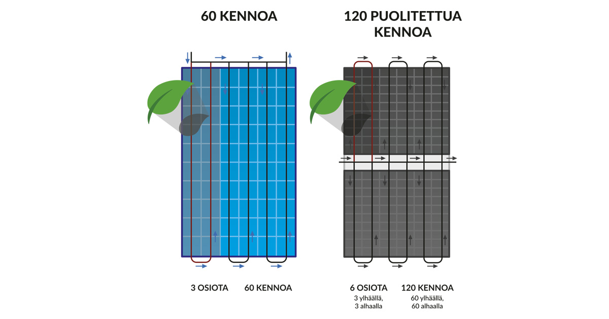 Kuvassa perinteinen ja half-cut -aurinkopaneeli
