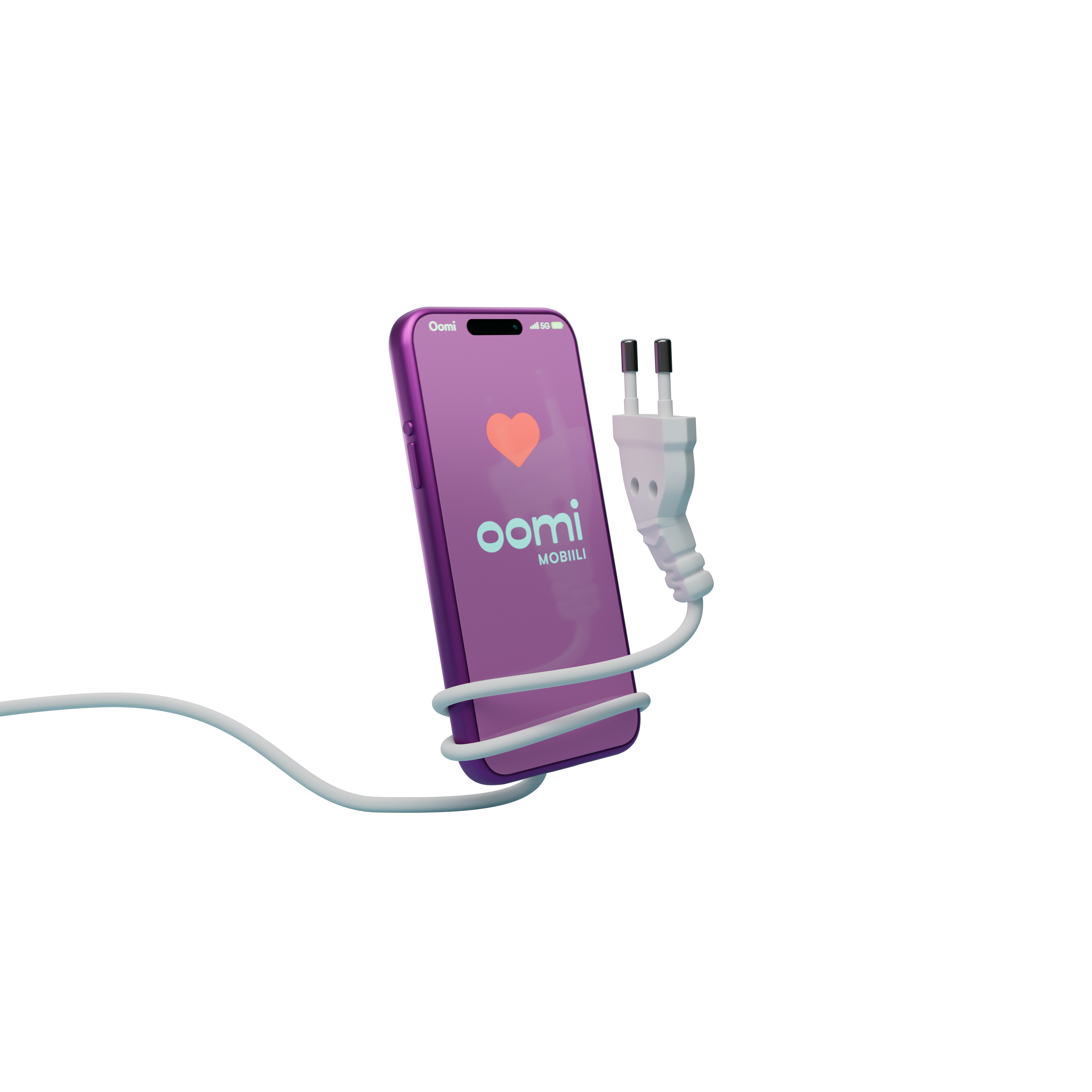 Oomi Mobiili -logolla varustettu matkapuhelin, jonka ympärillä on sähköjohto.