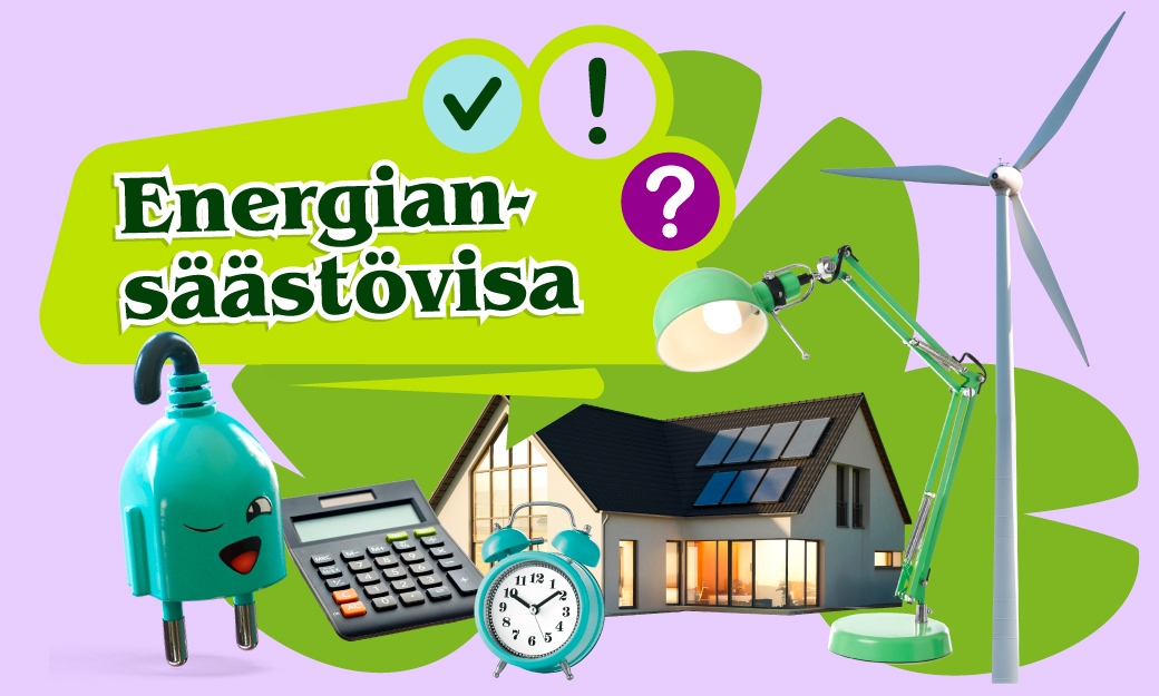 Energiansäästövisan kuvituskuva, jossa talo, taskulaskin, pöytälamppu ja Topi Töpseli -hahmo.