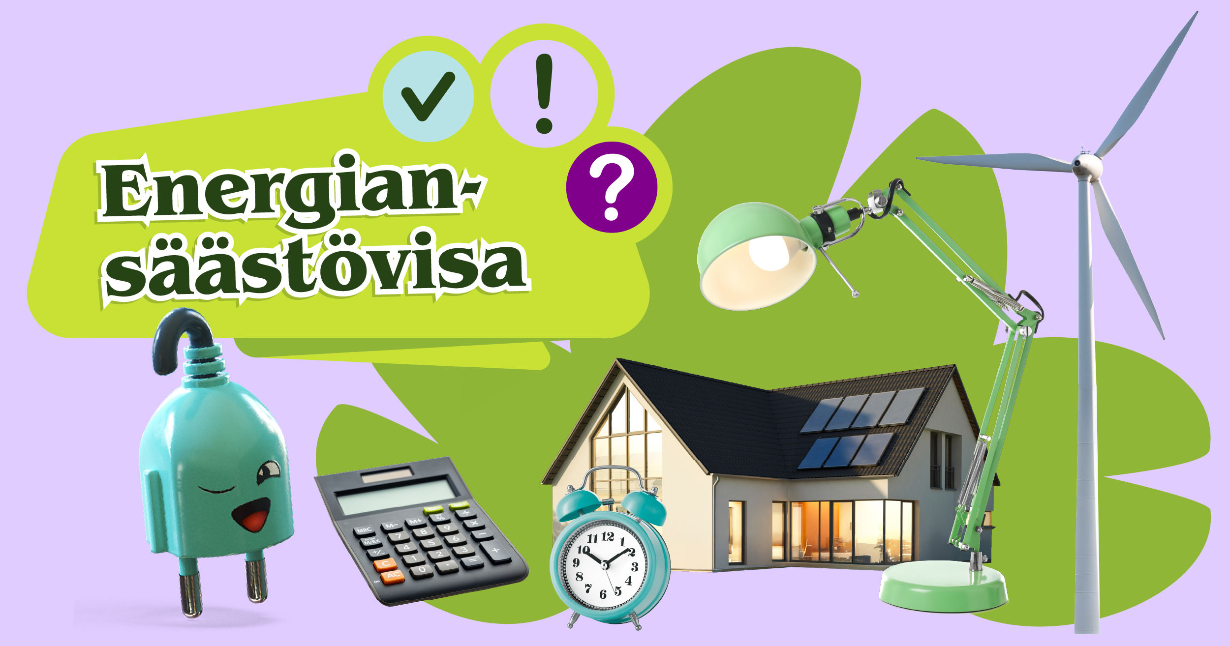 Energiansäästövisan aloituskuva jossa talo, valaisin, laskin ja Topi Töpseli.